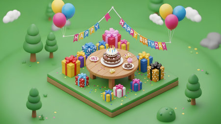 An isometric 3D view of a birthday celebration featuring gift boxes and a cake on a grassy hill.