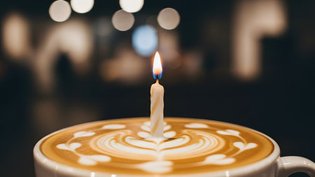 A lit candle stands in a cup of latte coffee decorated with heart shaped foam patterns on