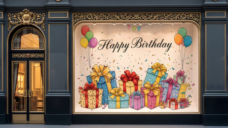 An artistic window featuring a Happy Birthday sign, floating balloons, and gifts....