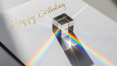 A glass cube sits on a white card with gold text, casting a vibrant rainbow across the surface.