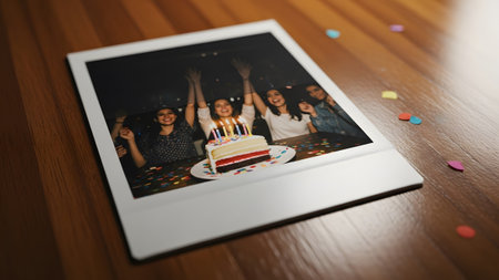 A polaroid style print on a wooden table friends celebrating with a cake and confetti....