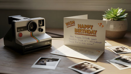 A retro instant camera sits on a wooden surface next to a handwritten birthday card and...