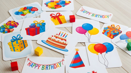 A flat lay arrangement of birthday themed cards featuring cakes and presents on a wooden floor.