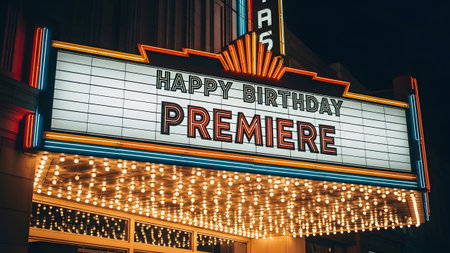 A glowing neon theater marquee at night the text Happy Birthday Premiere in bold letters.