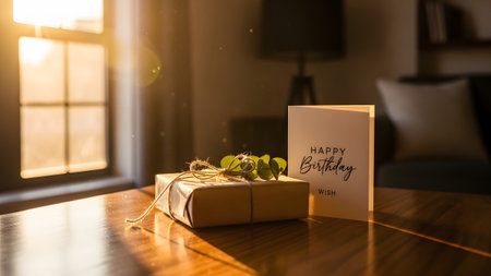 A wrapped gift box with eucalyptus sprigs and a birthday card on a wooden table in warm light.