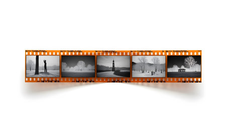 A vintage 35mm strip showing five black and white winter landscape on white background....