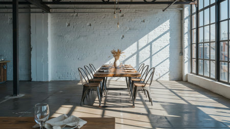An industrial loft dining room with a long wooden table and metal chairs under bright sunlight.