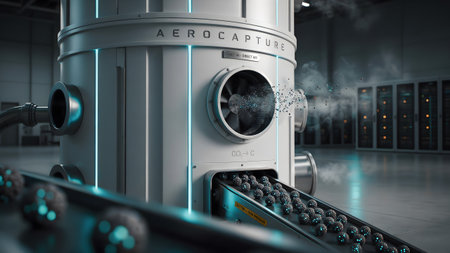 An industrial aerocapture machine extracts carbon from the air within a high-tech data center.