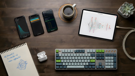A top-down view of a wooden desk with a tablet showing a neural network and mobile devices.