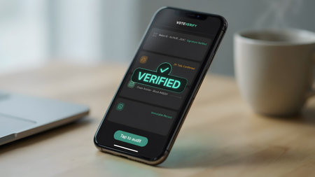A smartphone standing on a wooden surface a verified status screen for an election app....