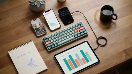 A wooden desk surface with a tablet showing bar charts and multiple smartphones displaying data.