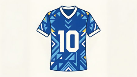A blue soccer jersey with a geometric pattern and the number ten printed on the front center.