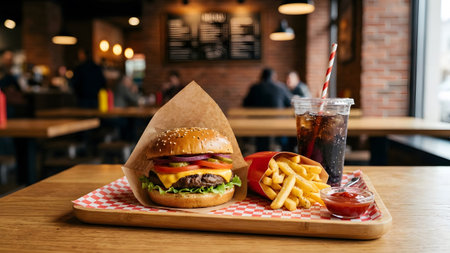 A mouthwatering beef cheeseburger with crispy fries and a cold soda on a red checkered tray mat.