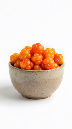 A small rustic ceramic bowl filled with fresh ripe orange cloudberries on a plain white surface.