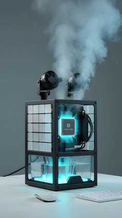 A high-tech cooling device with dual fans and a glowing blue processor releases steam on a desk.