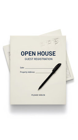 An open house guest registration pad with a black ink pen for property showing events on white.