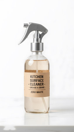A clear glass spray bottle with a beige label designed for cleaning kitchen grease and grime stains.