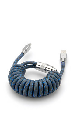 A blue braided coiled USB charging cable with metallic connectors isolated on a white background.