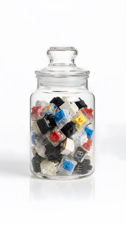 A clear glass jar with a lid filled with various colorful mechanical keyboard switch components.