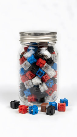 A glass jar filled with various colorful mechanical keyboard switches on a white background.