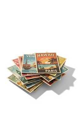 A neat stack of vintage-style travel postcards depicting various global destinations and scenery.