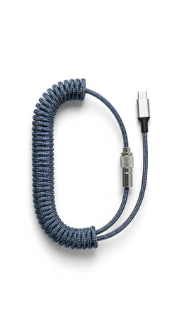 A coiled blue braided USB-C cable with a metallic connector isolated on a plain white background.