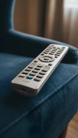 A grey plastic television remote control resting on a soft dark blue velvet upholstered armchair.