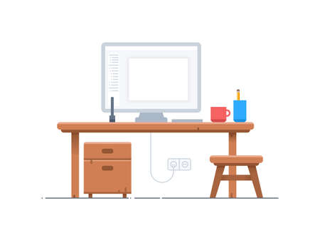 Office desk or table with computer. Designer's workspace or interior.のイラスト素材