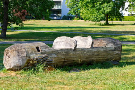 Old wooden boat hollowed out of solid wood close upの写真素材