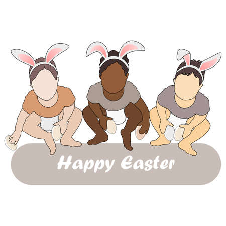 Happy easter. Cute Babies with Bunny Ears and Eggs. Premium Vector. Different Skin Tone children.のイラスト素材
