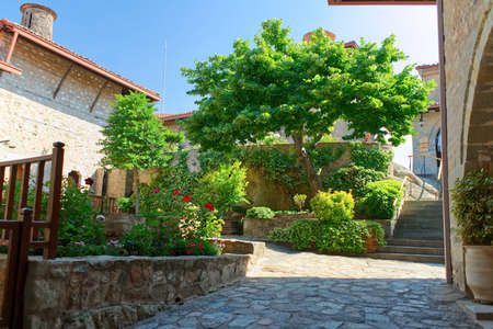 Meteora monastery courtyard, Greece. Mountains, flowers and beautiful views. close upの写真素材