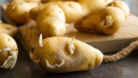 sprouted seed potatoes on a dark table and wooden board. close upの写真素材