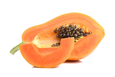 Ripe yellow papaya fruit  isolated on white backgroundの写真素材