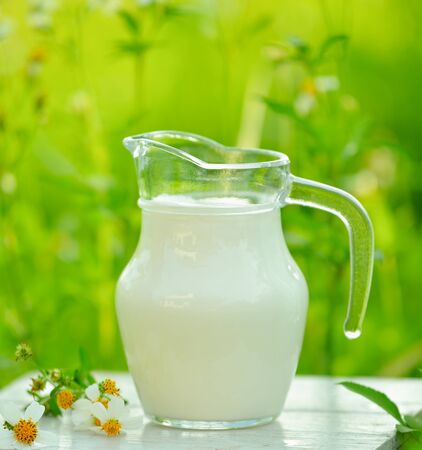 Glass of milk  on white  table  in morning gardenの写真素材