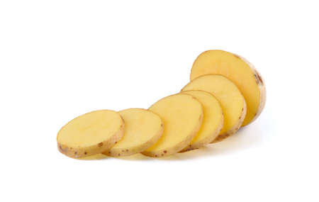 Sliced potatoes on white backgroundの写真素材
