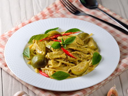 Green curry spaghetti.の写真素材