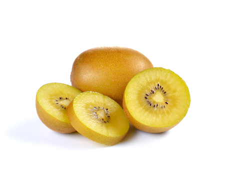 Yellow gold kiwi close up on white backgroundの写真素材