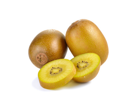 Yellow gold kiwi close up on white backgroundの写真素材