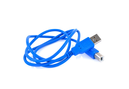 Blue usb cable on white backgroundの写真素材