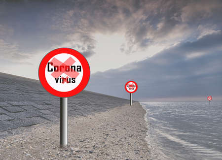 Soft background of beach, with stop signs indicating warning of Coronavirus - quarantine infectious disease concept, The Netherlandsの写真素材