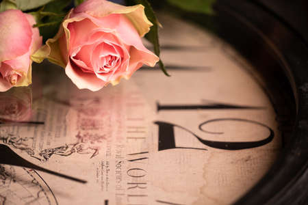 Retro pink rose on a clock face, clock handsの写真素材