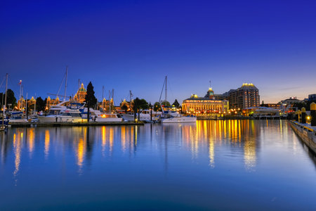 VICTORIA, BC, MAY 08 2019: Downtown Victoria, Canada. Night scene of the harbour in downtown victoria, british columbia, canadaのeditorial素材