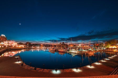 VICTORIA, BC, MAY 08 2019: Downtown Victoria, Canada. Night scene of the harbour in downtown victoria, british columbia, canadaのeditorial素材