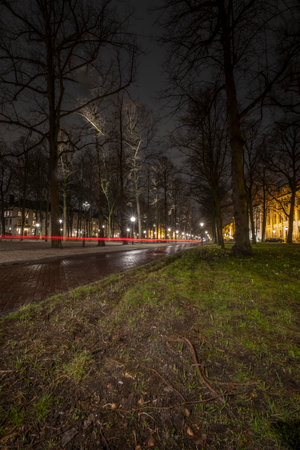 The Hague - February 18 2019: The Hague, The Netherlands. Park and street in The Hague at dusk, long exposure, streaks of light from a car, grass with trees in front., The Netherlandのeditorial素材