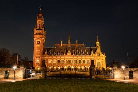 The Hague, the Netherlands - 18 February 2019: : The Hague, The Netherlands. Peace Palace Dutch: vredespaleis at dusk. The Hague in the Netherlandsのeditorial素材