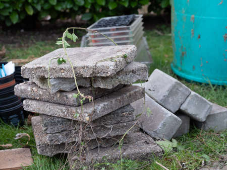 Empty and clean the greenhouse in the spring. Plastic grow boxes and sidewalk tilesの写真素材