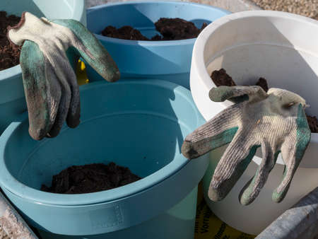 Gardening gloves lie on flower pots with soil in wheelbarrow in spring. Close-up.