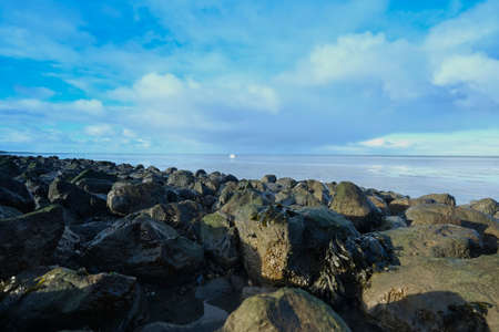 A container ship  lost a cargo at sea, off the coast of Friesland, the Netherlands. A freezer floats at sea, environmental pollution, rocks in foreground.   .の写真素材