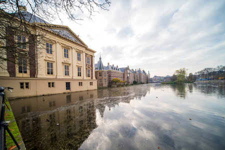 The Hague, The Netherlands - November 10, 2020: Cityscape of the Hague with the historic Mauritshuis along the Hofvijver, The Hague, Wide angle shot. The Netherlands.のeditorial素材