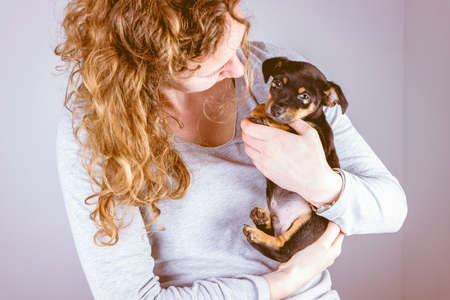Part of a woman with brown curls, she lovingly cuddles a tiny Jack Russel Terrier puppy in her arms. In vintage, retro colorsの写真素材